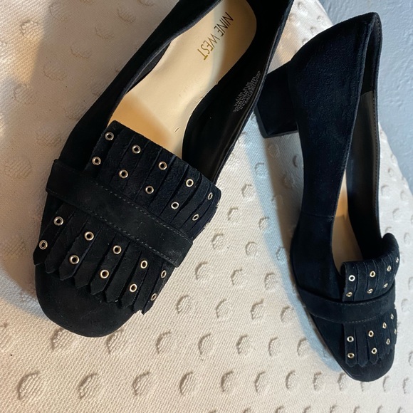 NINE WEST Black Suede Kiltie with Studs Block Mid Heel Slip-On Loafer - Picture 14 of 15